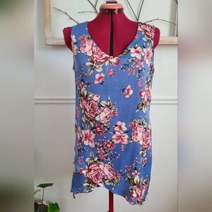 Floral Blue Sleeveless Short Dress/Tunic - Medium